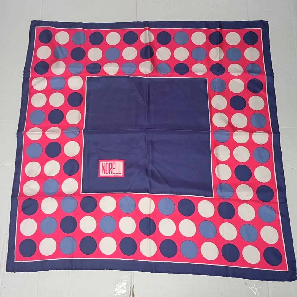 ❤️VINTAGE NORMAN NORELL POLKA DOT 100% PINK BLUE WHITE SILK SCARF 34X33